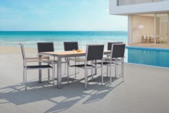 OUTFLEXX Sitzgruppe, Schwarz, Edelstahl/Teak, Esstisch 180 X 90 Cm, 6 Stapelstühle Gepolstert