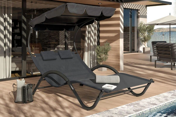 OUTFLEXX Doppelliege, Anthrazit, Polyester/Stahl Pulverbeschichtet, 205x138x34cm, Inkl. Nackenkissen, Rollbar 3 OUTFLEXX Doppelliege, Anthrazit, Polyester/Stahl Pulverbeschichtet, 205x138x34cm, Inkl. Nackenkissen, Rollbar