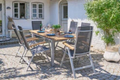 VILLANA Esstischgarnitur, Silber/schwarz, Alu/ FSC-Akazienholz, Ausziehtisch 150/200 Cm, 6 Multipositionssessel