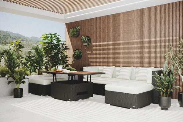 OUTFLEXX Loungemöbel-Set, Braun, Polyrattan, 5 Personen, Wasserfeste Kissenbox, Inkl. Loungetisch 3 OUTFLEXX Loungemöbel-Set, Braun, Polyrattan, 5 Personen, Wasserfeste Kissenbox, Inkl. Loungetisch