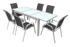 VILLANA Esstischgruppe, Silber/schwarz, Alu/Textil, Ausziehtisch 160/220 Cm, 6 Stapelstühle