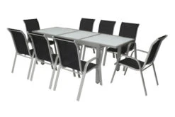 VILLANA Esstischgruppe, Silber/schwarz, Alu/Textil, Ausziehtisch 160/220 Cm, 8 Stapelstühle