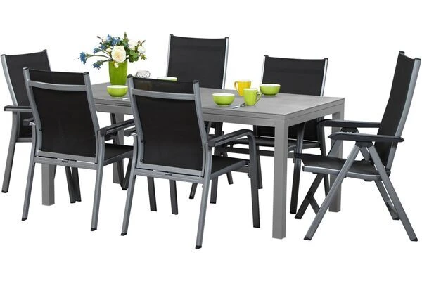 KETTLER Basic Plus Sitzgruppe, Silber/anthrazit, Alu/Textilene, 180/240x90cm, 4 Stapel-, 2 Multipositionssessel 3 KETTLER Basic Plus Sitzgruppe, Silber/anthrazit, Alu/Textilene, 180/240x90cm, 4 Stapel-, 2 Multipositionssessel