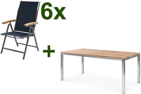 OUTFLEXX Esstischgarnitur, Edelstahl / FSC-Teak, Tisch 180 X 90 Cm, 6 Multipositionssessel, Schwarz 3 OUTFLEXX Esstischgarnitur, Edelstahl / FSC-Teak, Tisch 180 X 90 Cm, 6 Multipositionssessel, Schwarz