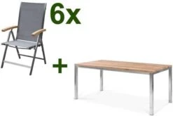 OUTFLEXX Esstischgarnitur, Edelstahl / FSC-Teak, Tisch 180 X 90 Cm, 6 Multipositionssessel, Silber