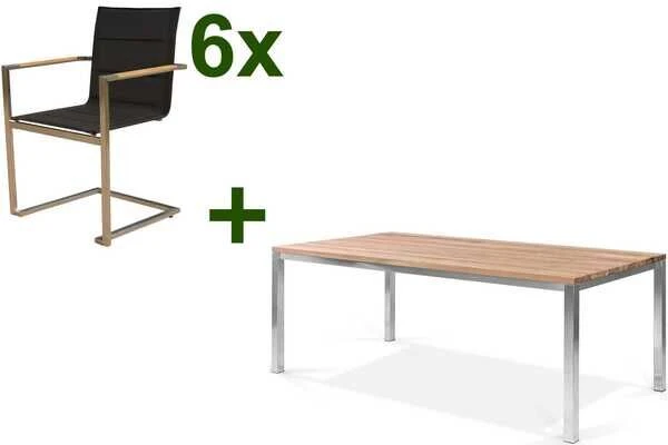 OUTFLEXX Esstischgarnitur, Edelstahl / FSC-Teak, Tisch 200 X 100 Cm, 6 Freischwinger Padded, Schwarz 3 OUTFLEXX Esstischgarnitur, Edelstahl / FSC-Teak, Tisch 200 X 100 Cm, 6 Freischwinger Padded, Schwarz
