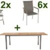 STERN Cardiff Esstischgruppe, Silber/taupe, Edelstahl/FSC-Teak, Tisch 180/240 X 100 Cm, 6 Stapel-, 2 Multipositionssessel