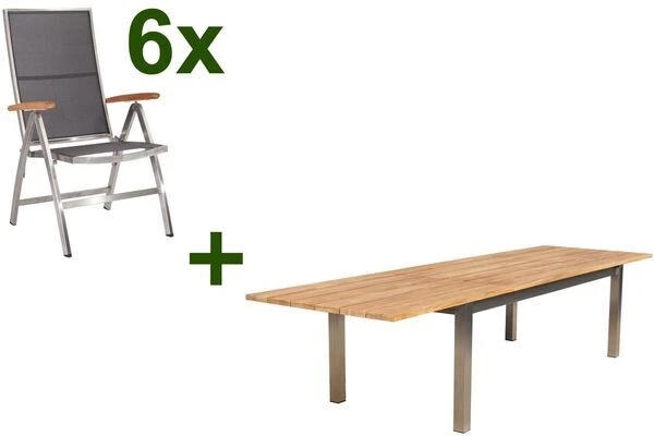 STERN Cardiff Esstischgruppe, Silber/silbergrau, Edelstahl/FSC-Teak, Tisch 220/340 X 100 Cm, 6 Multipositionssessel 3 STERN Cardiff Esstischgruppe, Silber/silbergrau, Edelstahl/FSC-Teak, Tisch 220/340 X 100 Cm, 6 Multipositionssessel