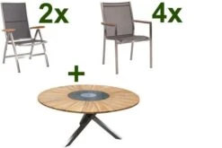 STERN Cardiff Esstischgruppe, Silber/silbergrau, Edelstahl/FSC-Teak, Tisch Ø 170 Cm, 4 Stapel-, 2 Multipositionssessel
