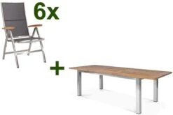 STERN Cardiff Esstischgruppe, Silber/silbergrau, Edelstahl/Teak, Tisch 200/260 X 100 Cm, 6 Multipositionssessel