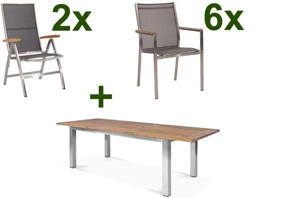 STERN Cardiff Esstischgruppe, Silber/silbergrau, Edelstahl/Teak, Tisch 200/260 X 100 Cm, 6 Stapel-, 2 Multipositionssessel 3 STERN Cardiff Esstischgruppe, Silber/silbergrau, Edelstahl/Teak, Tisch 200/260 X 100 Cm, 6 Stapel-, 2 Multipositionssessel