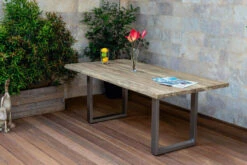 Bestseller 23 OUTFLEXX Esstisch, Natur, Edelstahl & Recycled FSC-Teak, 200 X 100 Cm, Baumkante