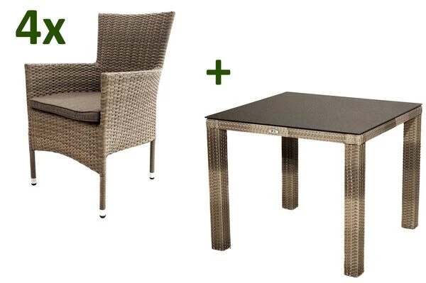 Ploß Rabida Sitzgruppe, Champagner-meliert, Polyrattan, Tisch 90 X 90 Cm, 4 Stapelsessel, Glasplatte In Steinoptik 3 Ploß Rabida Sitzgruppe, Champagner-meliert, Polyrattan, Tisch 90 X 90 Cm, 4 Stapelsessel, Glasplatte In Steinoptik