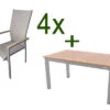 DOPPLER Expert Esstischgarnitur, Silber/Holzoptik/beige, Alu/Textilene, 4x Stapelsessel, 150-210x90 Cm