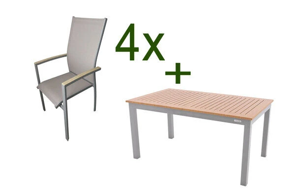 DOPPLER Expert Esstischgarnitur, Silber/Holzoptik/beige, Alu/Textilene, 4x Stapelsessel, 150-210x90 Cm 3 DOPPLER Expert Esstischgarnitur, Silber/Holzoptik/beige, Alu/Textilene, 4x Stapelsessel, 150-210x90 Cm