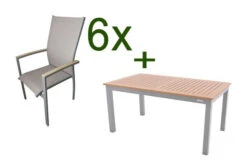 DOPPLER Expert Esstischgarnitur, Silber/Holzoptik/beige, Alu/Textilene, 6x Stapelsessel, 150-210x90 Cm