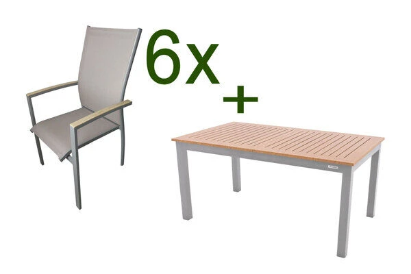 DOPPLER Expert Esstischgarnitur, Silber/Holzoptik/beige, Alu/Textilene, 6x Stapelsessel, 150-210x90 Cm 3 DOPPLER Expert Esstischgarnitur, Silber/Holzoptik/beige, Alu/Textilene, 6x Stapelsessel, 150-210x90 Cm