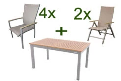 DOPPLER Expert Esstischgarnitur, Silber/Holzoptik/beige, Alu/Textilene, 4x Stapelsessel, 2x Hochlehner, 150-210x90 Cm