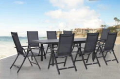 OUTFLEXX Premium Esstischgarnitur, Anthrazit/grau, Alu/Textilene, Ausziehtisch 180/240x100cm, 8 Multipositionssessel