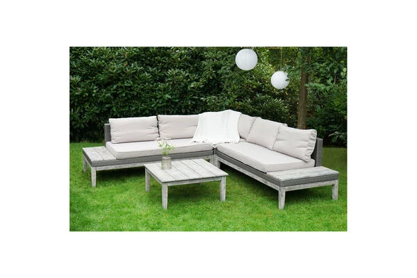 Ploß Arendal Ecklounge-Set, Vintage-Look, Polyrattan/FSC-Akazie, 4 Tlg., 4-5 Pers., 75x75cm, Inkl. Polster 3 Ploß Arendal Ecklounge-Set, Vintage-Look, Polyrattan/FSC-Akazie, 4 Tlg., 4-5 Pers., 75x75cm, Inkl. Polster