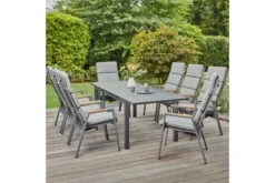 SIENA GARDEN Savona/Miros Esstischgarnitur, Matt Graphit/grau, Alu/Teak/Spraystone/Texfabric, Tisch 180/240x90 Cm, 8 Stapelsessel