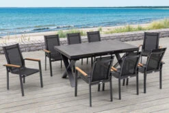 OUTFLEXX Esstischgarnitur, OUTFLEXX® Anthrazit Matt, Alu /HPL / Teak, Tisch 180/280x100cm, 8 Stapelsessel