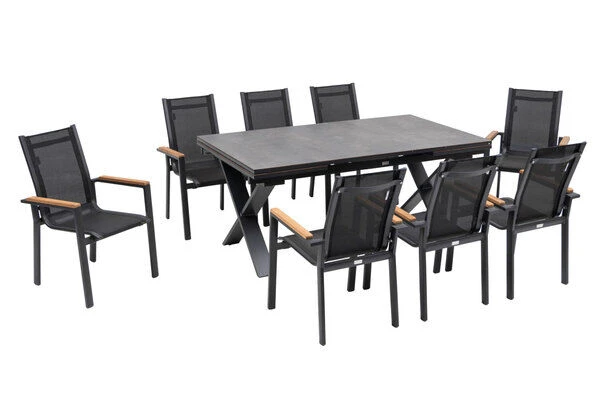 OUTFLEXX Esstischgarnitur, OUTFLEXX® Anthrazit Matt, Alu /HPL / Teak, Tisch 180/280x100cm, 8 Stapelsessel 4 OUTFLEXX Esstischgarnitur, OUTFLEXX® Anthrazit Matt, Alu /HPL / Teak, Tisch 180/280x100cm, 8 Stapelsessel – Bild 2