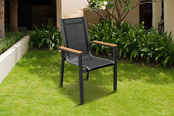 OUTFLEXX Esstischgarnitur, OUTFLEXX® Anthrazit Matt, Alu /HPL / Teak, Tisch 180/280x100cm, 8 Stapelsessel 5 OUTFLEXX Esstischgarnitur, OUTFLEXX® Anthrazit Matt, Alu /HPL / Teak, Tisch 180/280x100cm, 8 Stapelsessel – Bild 3