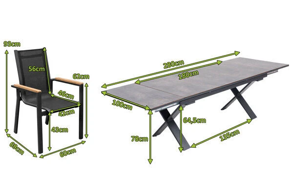 OUTFLEXX Esstischgarnitur, OUTFLEXX® Anthrazit Matt, Alu /HPL / Teak, Tisch 180/280x100cm, 8 Stapelsessel 7 OUTFLEXX Esstischgarnitur, OUTFLEXX® Anthrazit Matt, Alu /HPL / Teak, Tisch 180/280x100cm, 8 Stapelsessel – Bild 5