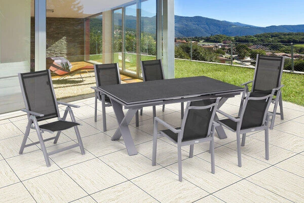 OUTFLEXX Esstischgarnitur, Silber, Alu / Keramik / Textil, Tisch 180/280x100cm, 4 Stapelsessel, 2 Multipo 3 OUTFLEXX Esstischgarnitur, Silber, Alu / Keramik / Textil, Tisch 180/280x100cm, 4 Stapelsessel, 2 Multipo