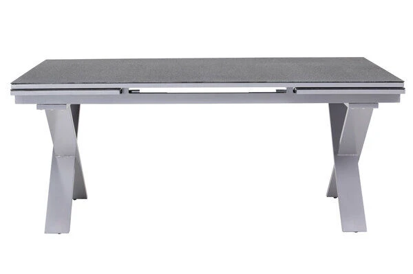 OUTFLEXX Esstischgarnitur, Silber, Alu / Keramik / Textil, Tisch 180/280x100cm, 4 Stapelsessel, 2 Multipo 14 OUTFLEXX Esstischgarnitur, Silber, Alu / Keramik / Textil, Tisch 180/280x100cm, 4 Stapelsessel, 2 Multipo – Bild 12