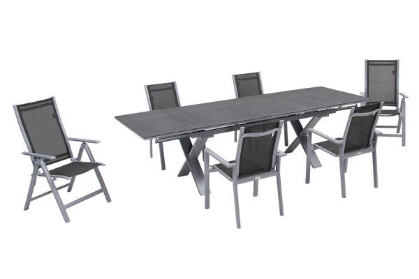 OUTFLEXX Esstischgarnitur, Silber, Alu / Keramik / Textil, Tisch 180/280x100cm, 4 Stapelsessel, 2 Multipo 4 OUTFLEXX Esstischgarnitur, Silber, Alu / Keramik / Textil, Tisch 180/280x100cm, 4 Stapelsessel, 2 Multipo – Bild 2