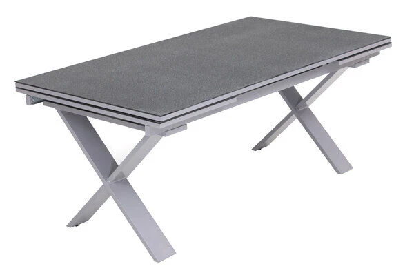 OUTFLEXX Esstischgarnitur, Silber, Alu / Keramik / Textil, Tisch 180/280x100cm, 4 Stapelsessel, 2 Multipo 9 OUTFLEXX Esstischgarnitur, Silber, Alu / Keramik / Textil, Tisch 180/280x100cm, 4 Stapelsessel, 2 Multipo – Bild 7