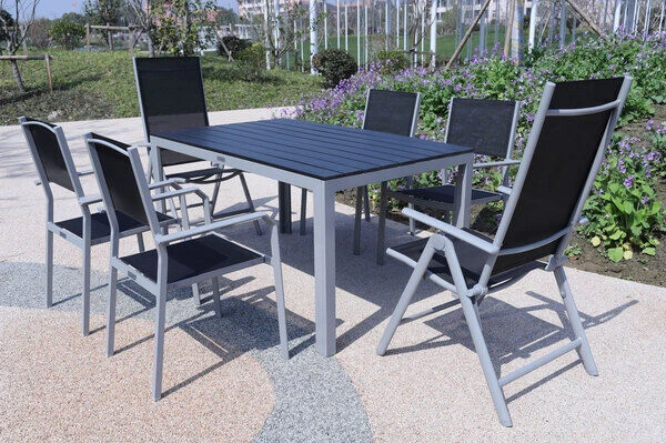 VILLANA Esstischgarnitur, Silber/schwarz, Alu/Holzimitat/Textil, Tisch 150x90cm, 2 Multipo, 4 Stapelsessel 3 VILLANA Esstischgarnitur, Silber/schwarz, Alu/Holzimitat/Textil, Tisch 150x90cm, 2 Multipo, 4 Stapelsessel