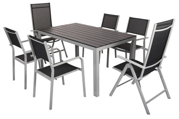 VILLANA Esstischgarnitur, Silber/schwarz, Alu/Holzimitat/Textil, Tisch 150x90cm, 2 Multipo, 4 Stapelsessel 4 VILLANA Esstischgarnitur, Silber/schwarz, Alu/Holzimitat/Textil, Tisch 150x90cm, 2 Multipo, 4 Stapelsessel – Bild 2