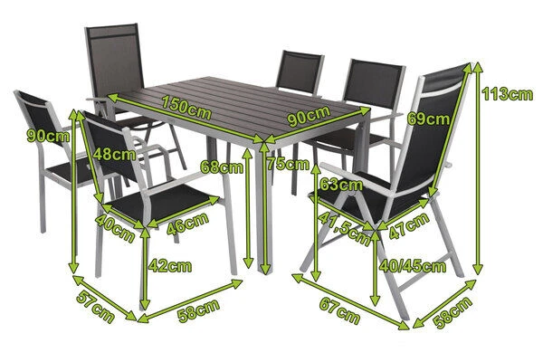 VILLANA Esstischgarnitur, Silber/schwarz, Alu/Holzimitat/Textil, Tisch 150x90cm, 2 Multipo, 4 Stapelsessel 7 VILLANA Esstischgarnitur, Silber/schwarz, Alu/Holzimitat/Textil, Tisch 150x90cm, 2 Multipo, 4 Stapelsessel – Bild 5