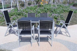 VILLANA Esstischgarnitur, Silber/schwarz, Alu/Holzimitat/Textil, Tisch 150x90cm, 2 Multipo, 4 Stapelsessel 28 VILLANA Esstischgarnitur, Silber/schwarz, Alu/Holzimitat/Textil, Tisch 150x90cm, 2 Multipo, 4 Stapelsessel -Kettler Verkaufs-Shop 22570 07.jpg