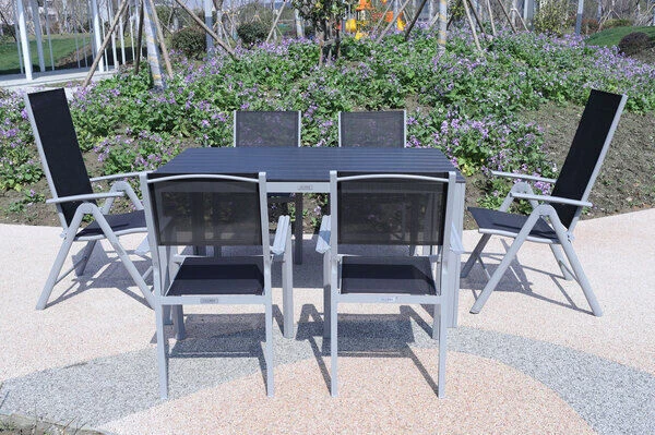VILLANA Esstischgarnitur, Silber/schwarz, Alu/Holzimitat/Textil, Tisch 150x90cm, 2 Multipo, 4 Stapelsessel 9 VILLANA Esstischgarnitur, Silber/schwarz, Alu/Holzimitat/Textil, Tisch 150x90cm, 2 Multipo, 4 Stapelsessel – Bild 7