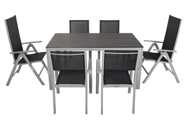 VILLANA Esstischgarnitur, Silber/schwarz, Alu/Holzimitat/Textil, Tisch 150x90cm, 2 Multipo, 4 Stapelsessel 10 VILLANA Esstischgarnitur, Silber/schwarz, Alu/Holzimitat/Textil, Tisch 150x90cm, 2 Multipo, 4 Stapelsessel – Bild 8