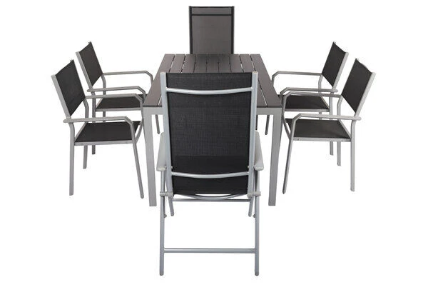 VILLANA Esstischgarnitur, Silber/schwarz, Alu/Holzimitat/Textil, Tisch 150x90cm, 2 Multipo, 4 Stapelsessel 11 VILLANA Esstischgarnitur, Silber/schwarz, Alu/Holzimitat/Textil, Tisch 150x90cm, 2 Multipo, 4 Stapelsessel – Bild 9