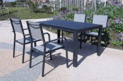 Titelseite 14 VILLANA Esstischgarnitur, Anthrazit/grau, Alu/Holzimitat/Textil, Tisch 150x90cm, 4 Stapelsessel