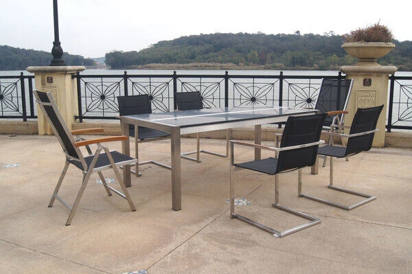 OUTFLEXX Esstischgarnitur, Silber/schwarz, Edelstahl/Granit/Textil, 200x100 Cm, 4 Freischwinger, 2 Multipos, Padded, FSC-Teakholz 3 OUTFLEXX Esstischgarnitur, Silber/schwarz, Edelstahl/Granit/Textil, 200x100 Cm, 4 Freischwinger, 2 Multipos, Padded, FSC-Teakholz