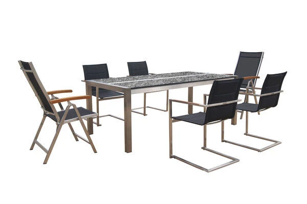 OUTFLEXX Esstischgarnitur, Silber/schwarz, Edelstahl/Granit/Textil, 200x100 Cm, 4 Freischwinger, 2 Multipos, Padded, FSC-Teakholz 4 OUTFLEXX Esstischgarnitur, Silber/schwarz, Edelstahl/Granit/Textil, 200x100 Cm, 4 Freischwinger, 2 Multipos, Padded, FSC-Teakholz – Bild 2