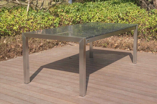 OUTFLEXX Esstischgarnitur, Silber/schwarz, Edelstahl/Granit/Textil, 200x100 Cm, 4 Freischwinger, 2 Multipos, Padded, FSC-Teakholz 5 OUTFLEXX Esstischgarnitur, Silber/schwarz, Edelstahl/Granit/Textil, 200x100 Cm, 4 Freischwinger, 2 Multipos, Padded, FSC-Teakholz – Bild 3