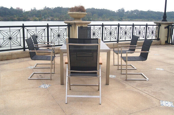 OUTFLEXX Esstischgarnitur, Silber/schwarz, Edelstahl/Granit/Textil, 200x100 Cm, 4 Freischwinger, 2 Multipos, Padded, FSC-Teakholz 16 OUTFLEXX Esstischgarnitur, Silber/schwarz, Edelstahl/Granit/Textil, 200x100 Cm, 4 Freischwinger, 2 Multipos, Padded, FSC-Teakholz – Bild 14