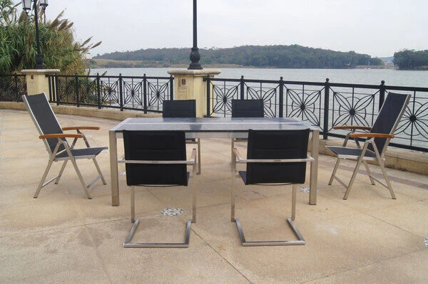 OUTFLEXX Esstischgarnitur, Silber/schwarz, Edelstahl/Granit/Textil, 200x100 Cm, 4 Freischwinger, 2 Multipos, Padded, FSC-Teakholz 17 OUTFLEXX Esstischgarnitur, Silber/schwarz, Edelstahl/Granit/Textil, 200x100 Cm, 4 Freischwinger, 2 Multipos, Padded, FSC-Teakholz – Bild 15