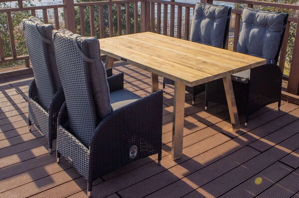 OUTFLEXX Esstischgarnitur, Edelstahl/Teakholz, Tisch 160x90cm, 4 Sessel, A-Gestell 3 OUTFLEXX Esstischgarnitur, Edelstahl/Teakholz, Tisch 160x90cm, 4 Sessel, A-Gestell