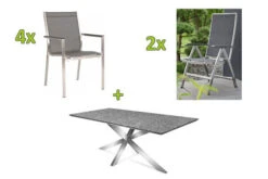 STERN Esstischgarnitur, Silbergrau/grau, Edelstahl/Textilene, Tisch 200 X 100 Cm, 4 Stapelsessel, 2 Multipo