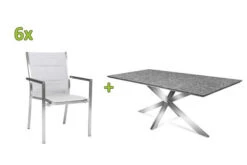 STERN Esstischgarnitur, Silber/grau, Edelstahl/Textilene, Tisch 200 X 100 Cm, 6 Stapelsessel, Padded