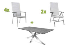 STERN Esstischgarnitur, Silber/grau, Edelstahl/Textilene, Tisch 200 X 100 Cm, 4 Stapelsessel, Hohe Rückenlehne, 2 Multipo, Padded